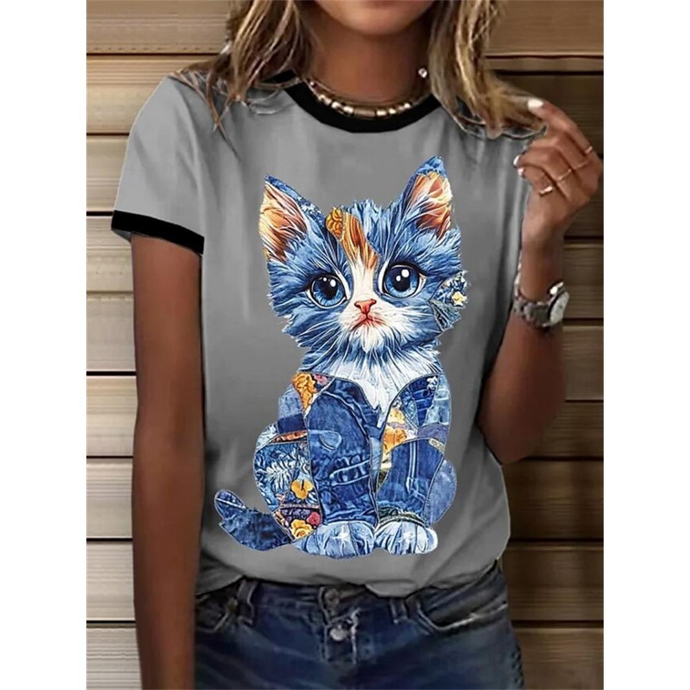 Cartoon pattern T-shirt women s round neck 3D printed animal cat pattern XS