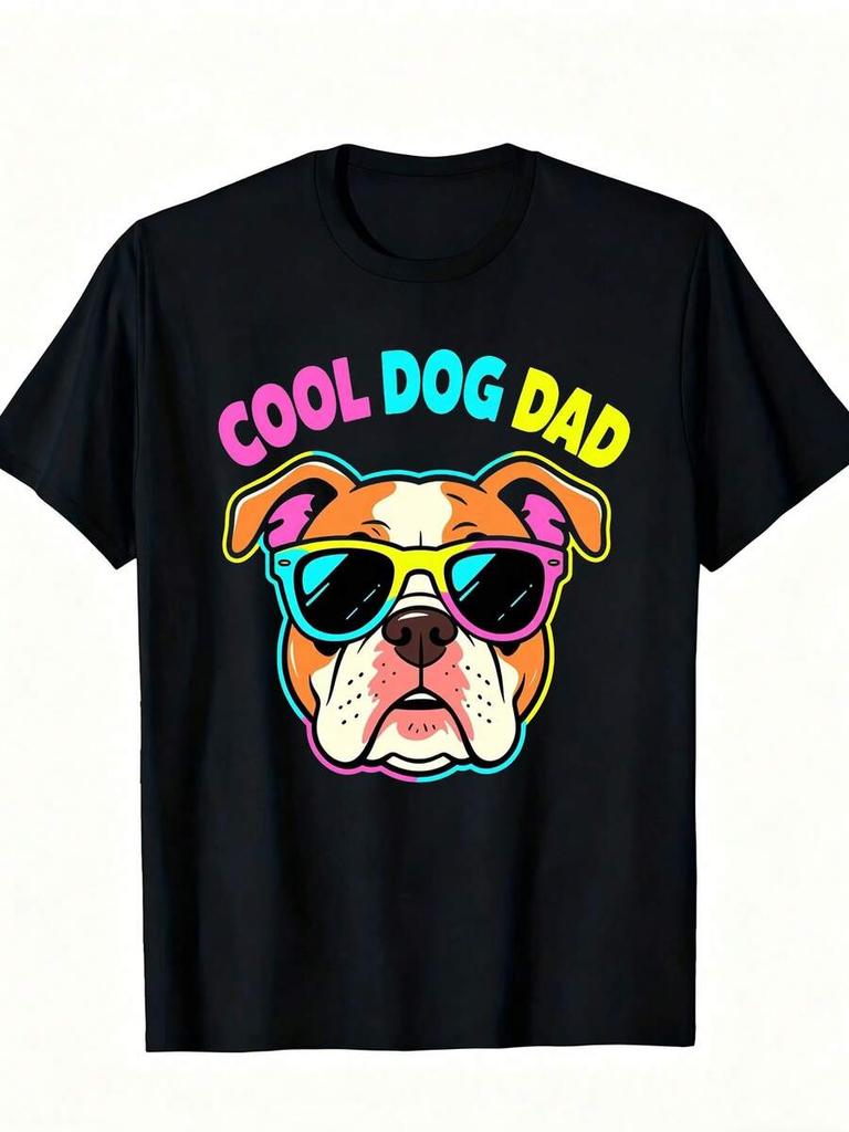 1pc Unisex S Cool Dog Print Black Tshirt Crew Neck Casual Cotton Tee Medium Stretch Knit Fabric Regular Fit For Boys Unisex Perfect F
