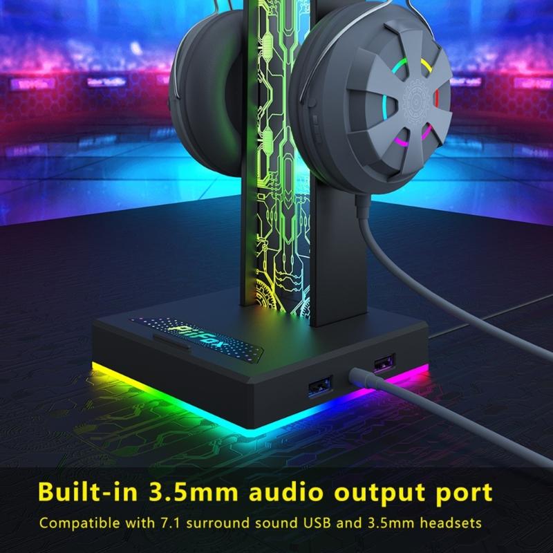 LED Headphone Stand 2 USB Charging Port Desk Gaming Headset Holder with 10 Light Modes Suitable for Earphone Accessories