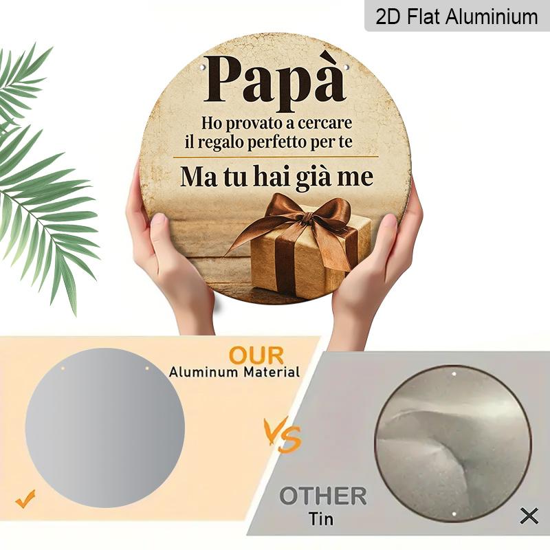 2D Flat, 1pc Round Aluminum Hanging Sign - Italian Dad Gratitude Quote Metal Wall Art, Vintage Gift Box Design, Perfect for Father's Day, Birthday