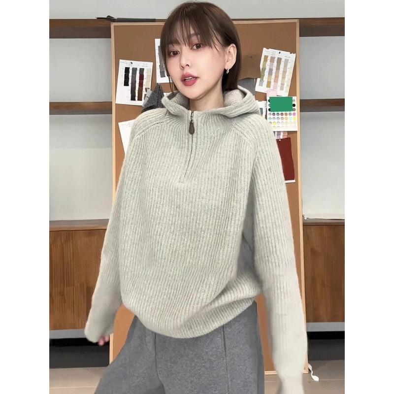 Hooded half-zipper sweater women s new winter lazy retro knitted jacket long-sleeved top One size recommended 80-65kg 3370₽