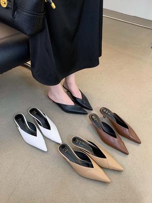 Mode Spitz Frauen Slides Hausschuhe 2024 Neuheiten Mode Außerhalb Kleid Schuhe Dünne Mid Heels Weiß Schwarz Khaki Braun Casual