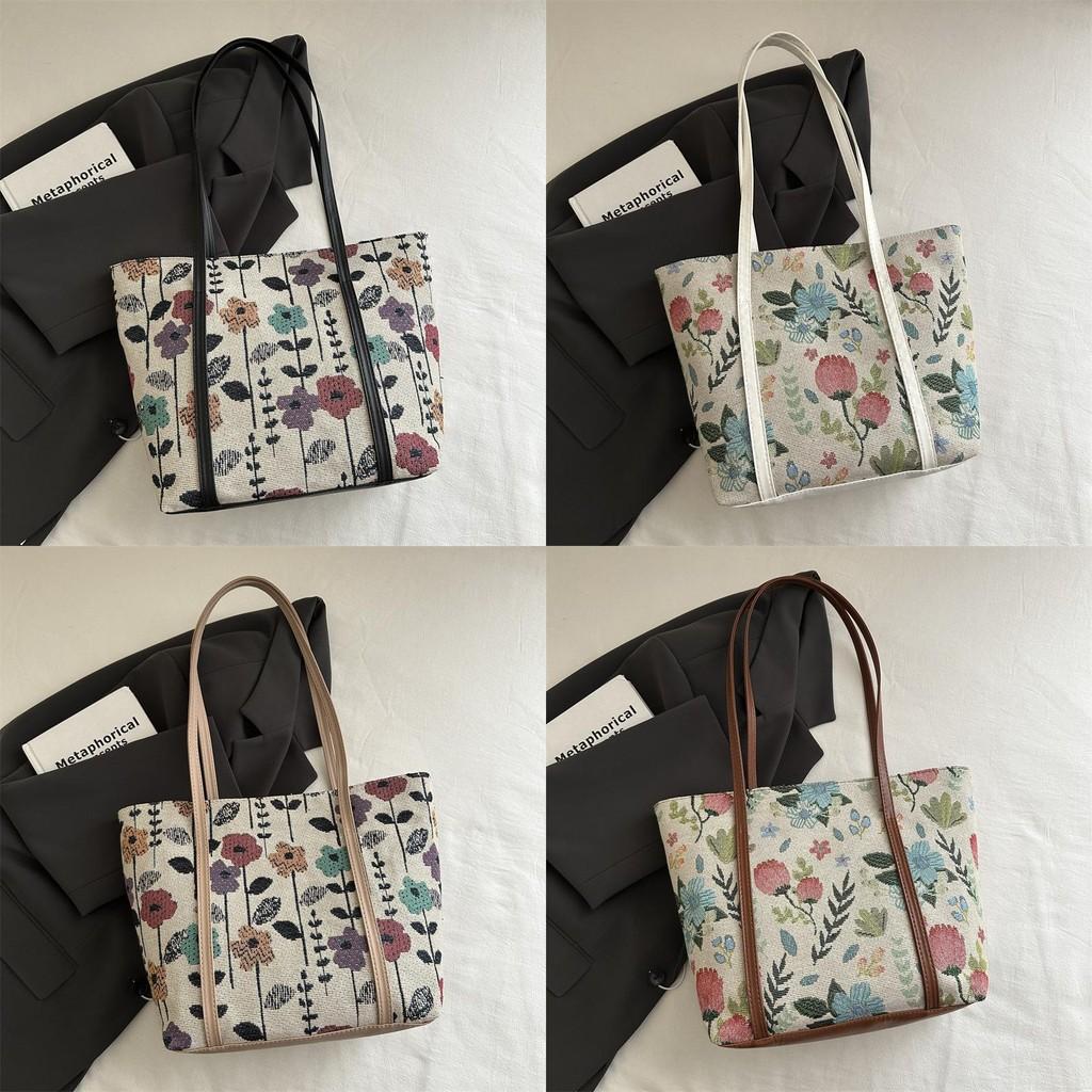 Leaves Flower Print Vintage Large Bag With Zipper Closure For Daily Use Women Fashion