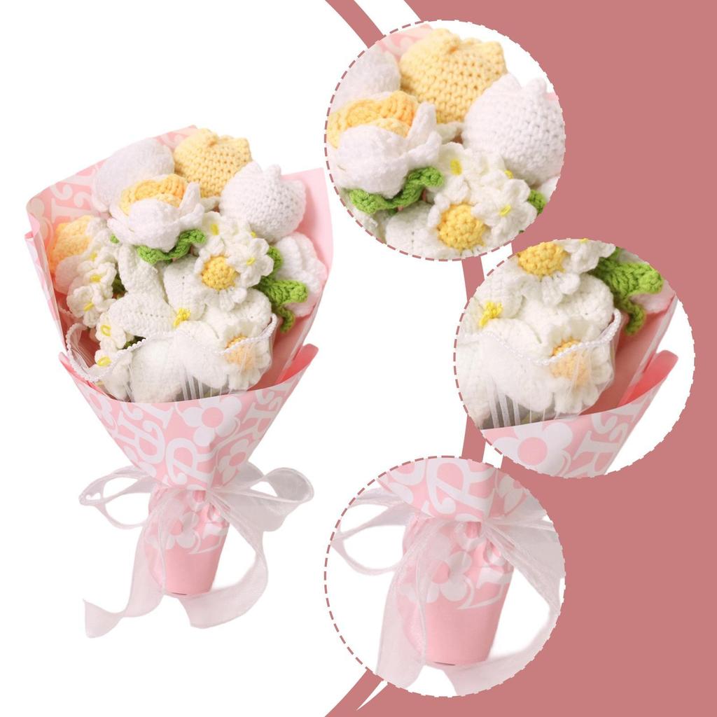 Crochet Bouquet Knitted Flowers Artificial Flower Arrangement Handmade Ornament for Mother Day Thanksgiving