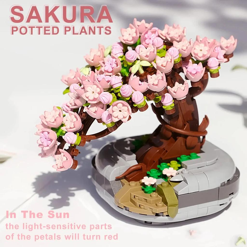 Mini Pflanze Bonsai Baustein Blume Pflanze Kirschblütenbaum Topfpflanze Strauß Modell Steine Heimdekoration Spielzeug für Kinder Geschenke
