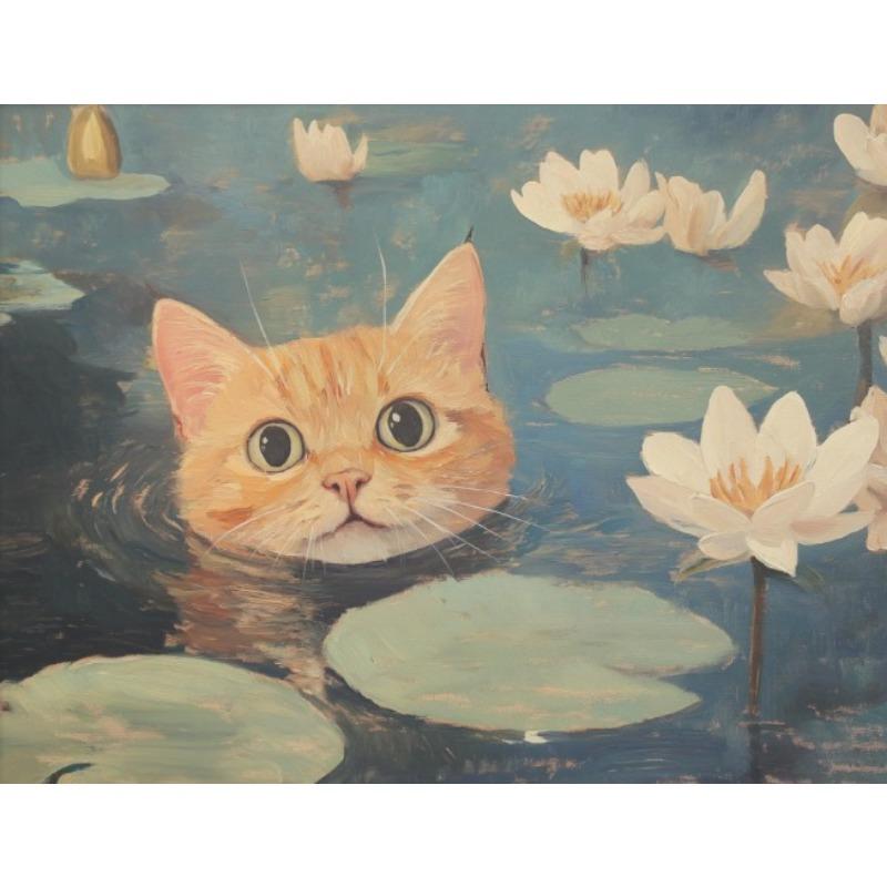 Black Dog Cat In Water Lilies Monet Vintage Funny Classic Painting Poster Canvas Painting Wall Picture Bedroom Living Room Decor