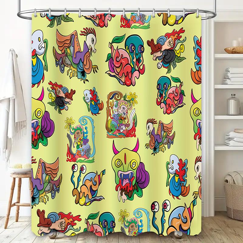 Brightly Colored Cartoon Print Shower Curtain with Multiple Animal Designs for Bathroom Decor 72x84 Inch (Yellow)