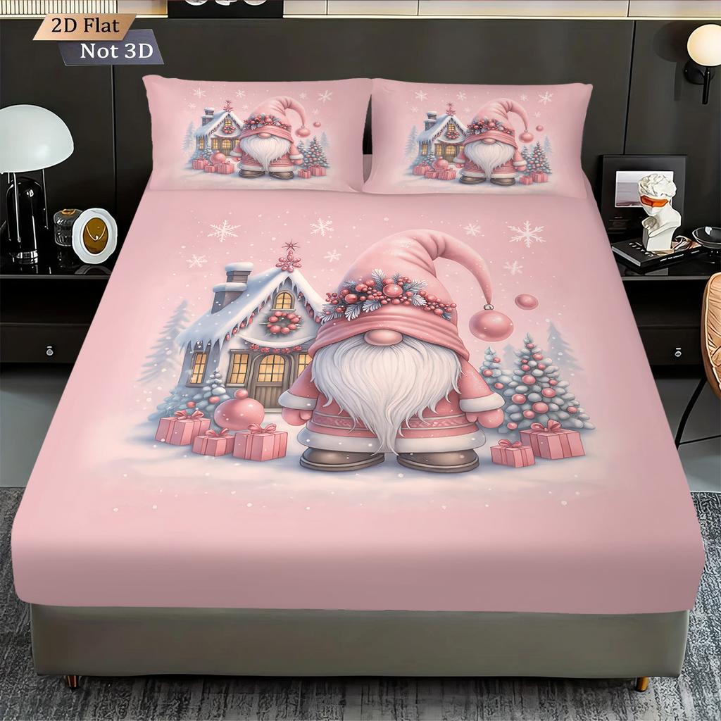 3pcs Pink Romantic Christmas Dwarf Print Coreless Bed Sheet Set Multi Size Bedcover Bedroom Bedding Decoration Machine Washable