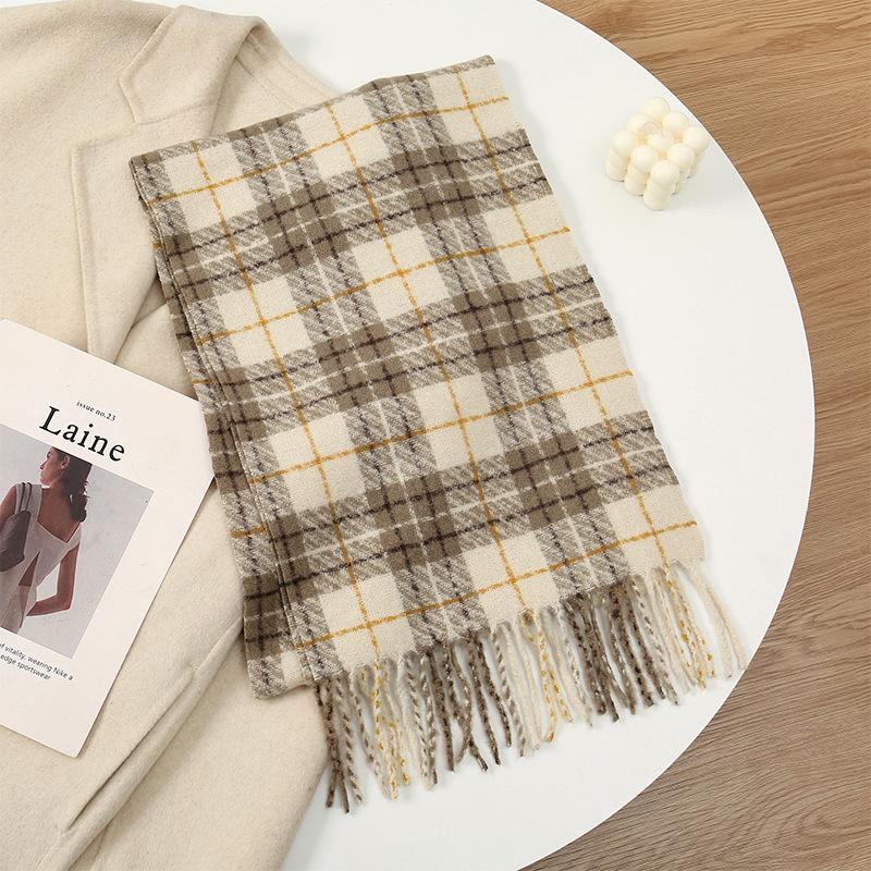 Høst- og vinteratmosfære Imitert kasjmirkjerf Dame Varm Retro Student Langt sjal Koreansk High-End Rutete skjerf