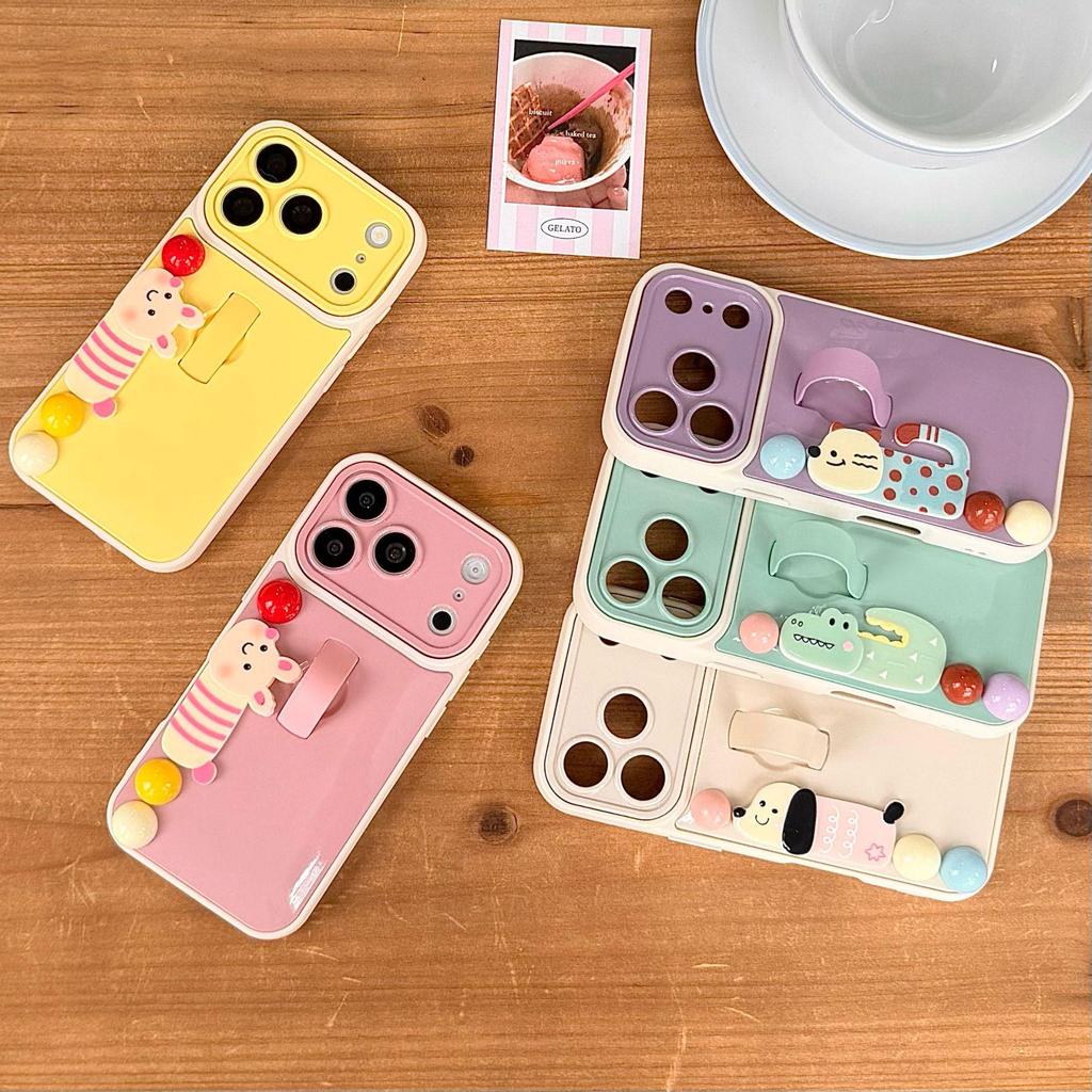 Handmade Animal Bead iPhone16/15Pro/17ProMax Case with Invisible Ring Holder & Anti-fall Protection