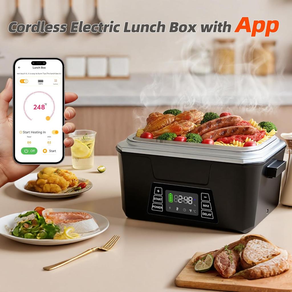 Portable Cordless Heated Lunch Box 1.2L, Battery-Powered with APP Control for Adults, Office & Travel