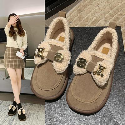 Mode Retro Slipper Damen 2024 Herbst Winter Gepolstert Weiche Sohle Pelzschuhe Modisch Vielseitig Baumwollschuhe Lässig Warme Flache Stiefel