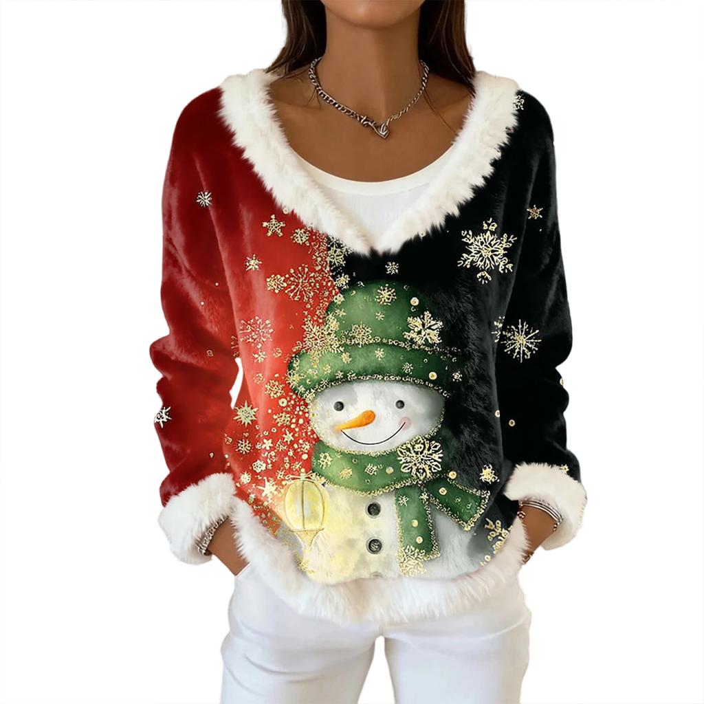 Dámský módní plyšový pulovr s výstřihem do V, tričko s dlouhým rukávem, vánoční potištěná mikina
