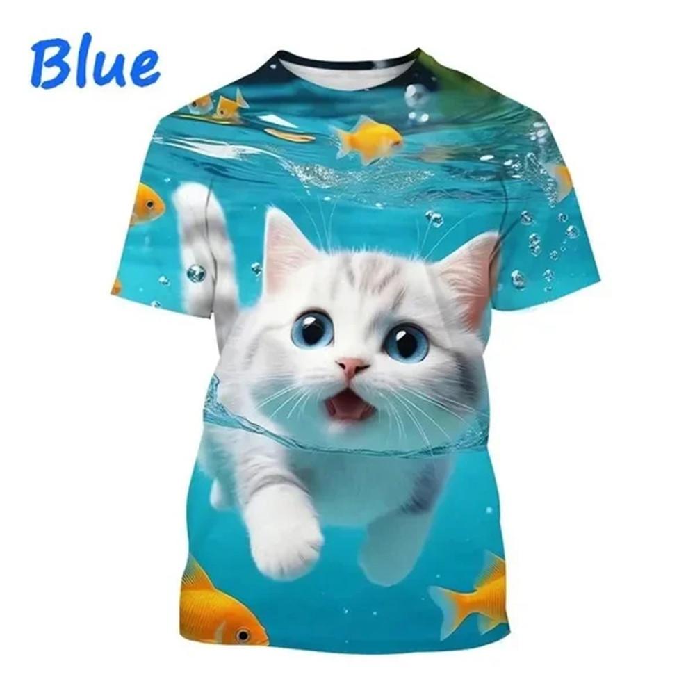 Children's T-Shirt Cute Cat Graphic Girl Round Neck Kids Clothes Fashion Summer Top
