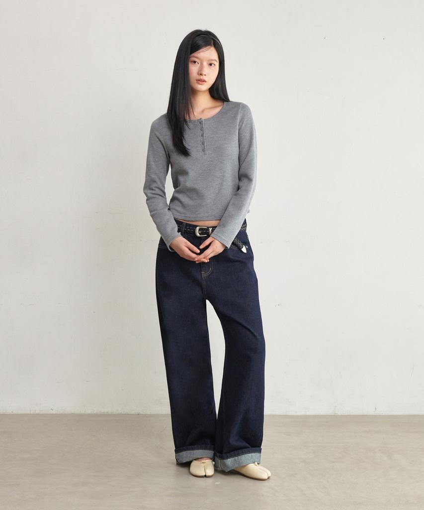 GLW [W] Steady Waffle Slim Henley Neck T-Shirt Gray