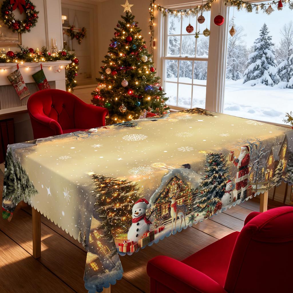 1 Stück weihnachtlich bedruckte Tischdecke mit Golddruck, Vintage-Stil, mit Designs von Weihnachtsmann, Schneemännern, Bauernhaus und Weihnachtsbaum, geeignet für