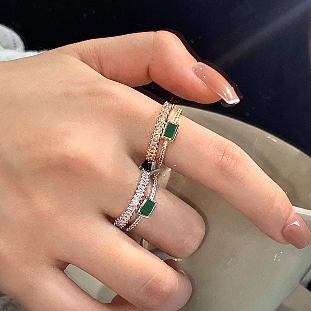 Peacock Green Double Layer Diamond Open Ring for Women in Gold-Plated Copper