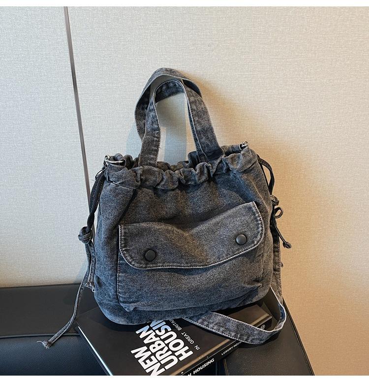 Crossbody Bag Women's Pleated Drawstring Denim Series Simple Fashion Mobile Phone Bag Retro Shoulder Bag