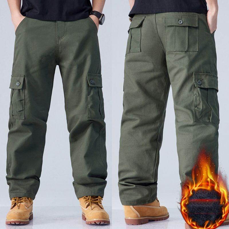 Winter Men'S Thick Velvet Warm Work Pants Casual Pants Loose Straight Tube Multi Pocket Pure Cotton Wear-Resistant Work Pants