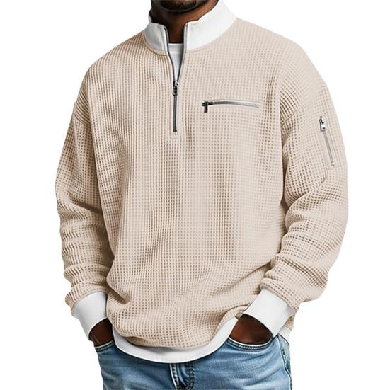 Men Waffle Sweatshirt Quarter Zip Stand Collar Casual Pullover Color Block Long Sleeve Top for Office Street Gym Wear