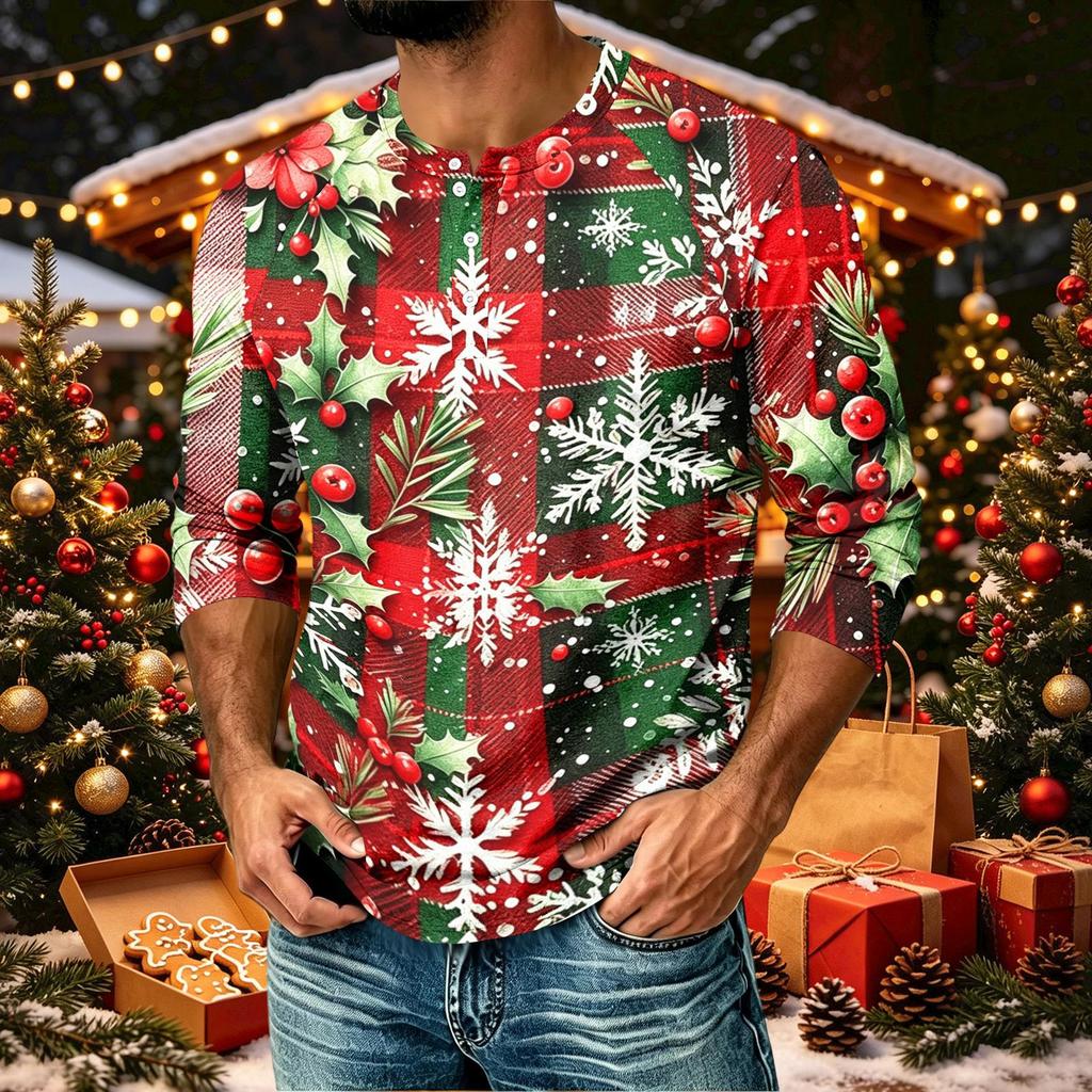Men's Casual Raglan Three-Quarter Sleeve Shirt with Christmas Print