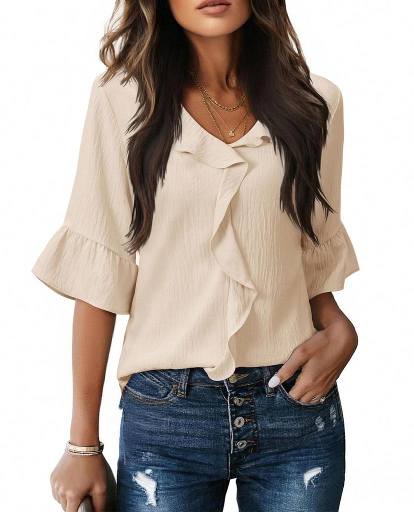 European & American Style Ruffled Lantern Collar Casual Women's Short-Sleeve Top 2026