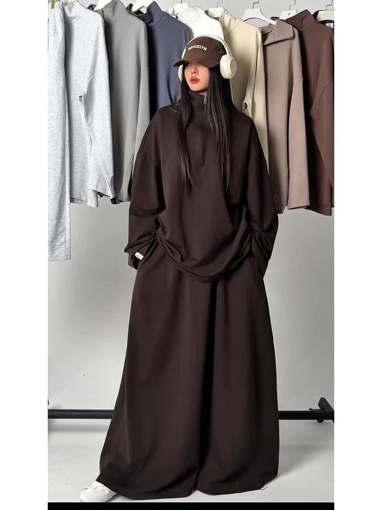 2025 Women's Casual Loose Drapey Half-Zip Top & Skirt Two-Piece Set