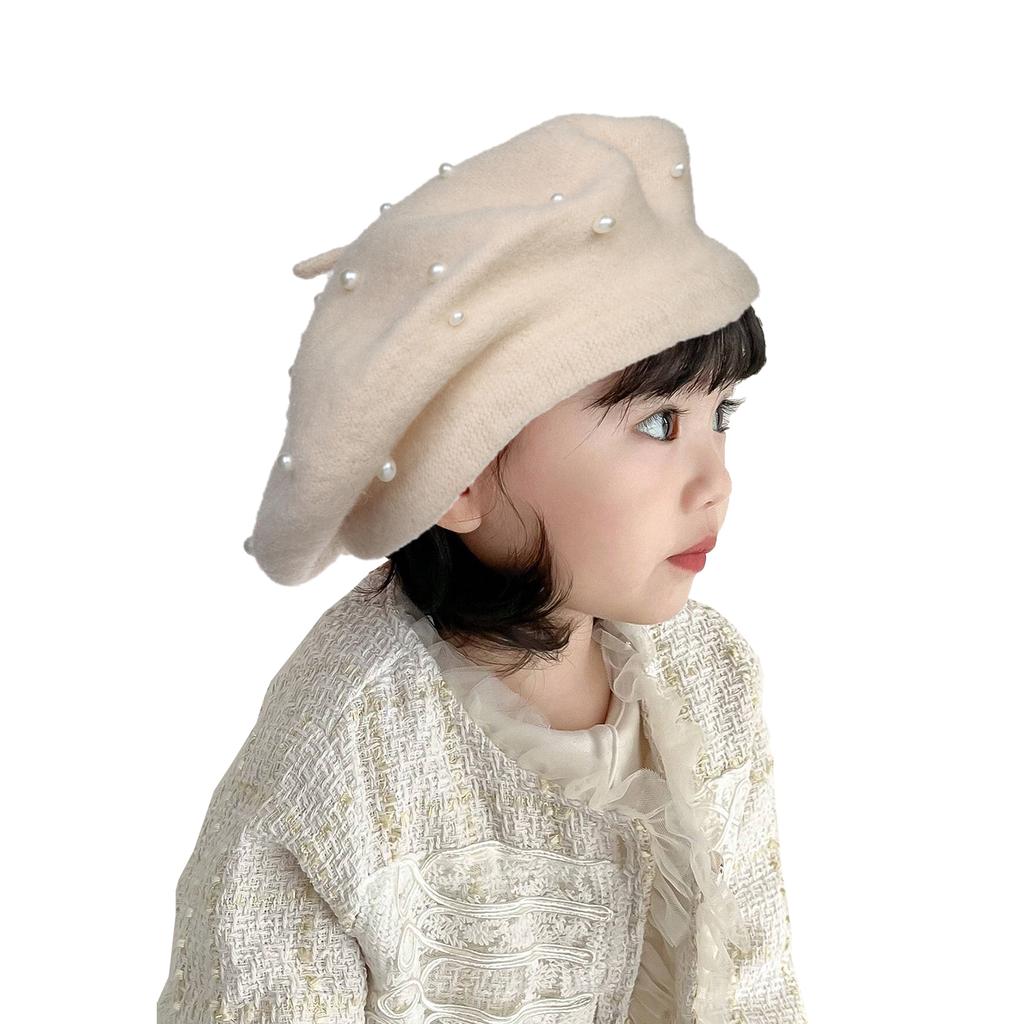 Kids Pearl Decor Beret Hat, Girls French Style Wool Painter Beret, Autumn Winter Warm Beanie Cap for 2‑6 Years Old, Head Circumference 48‑53cm