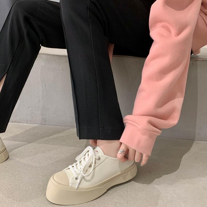 High-end Cowhide Version~ Big Head Shoes Lace-up Heightening Platform Casual Board Shoes Women's Little White Shoes