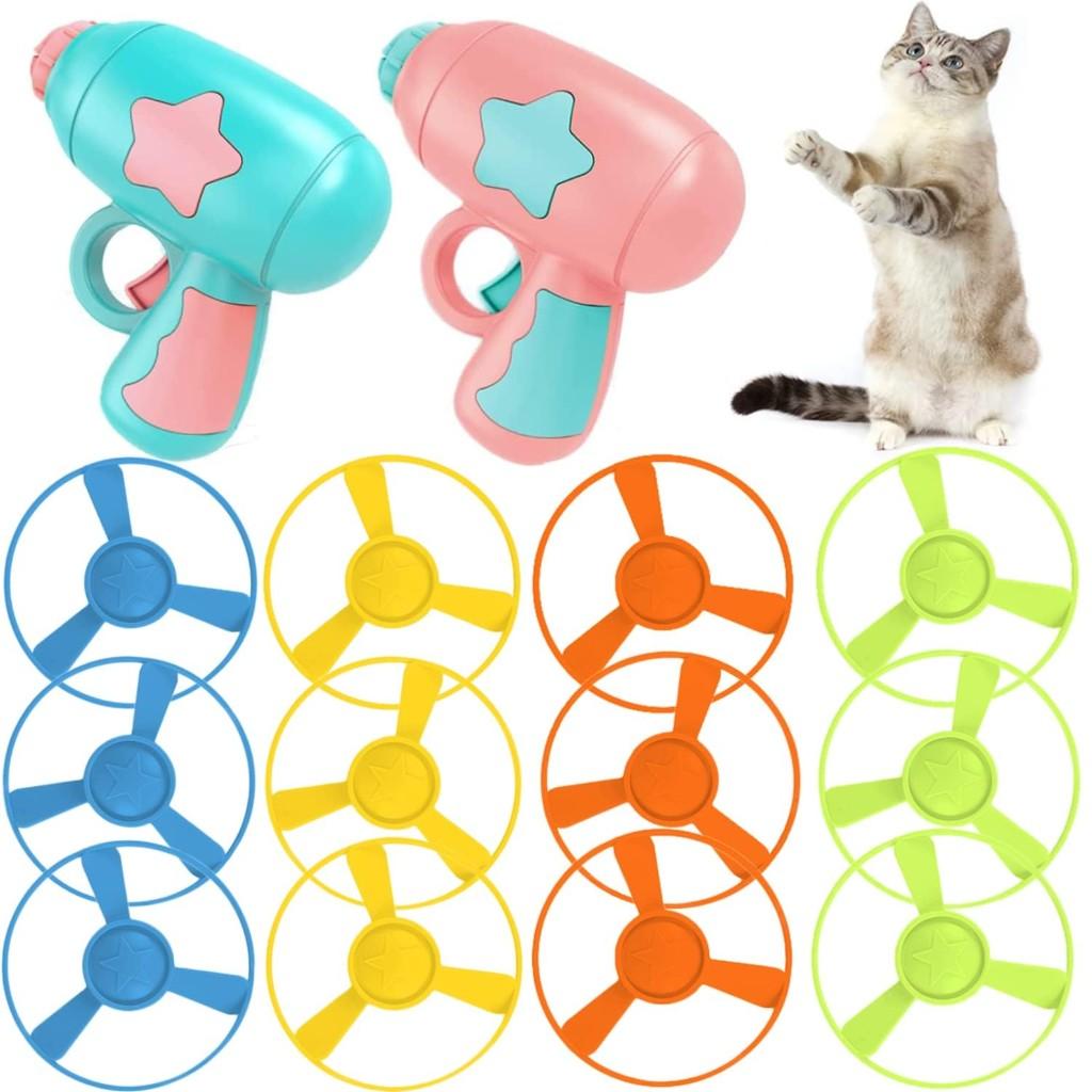 14 Piece Cat Chase Training Interactive Toy Set  Including Colored Flying Propellers Frisbee Colors Are Random