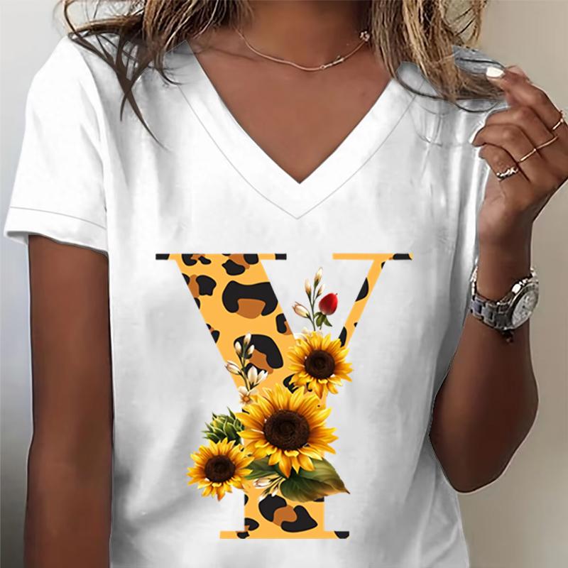 Unisexs Vneck Tshirt Sunflower Leopard Print Letter R Graphic Tee Watercolor Flower Leopard Print Tshirts Az 26 Alphabet Top