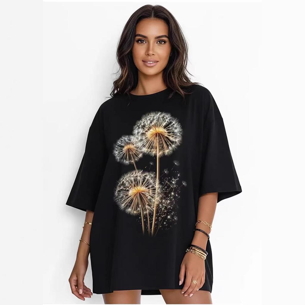 Retro Dandelion Print Loose Short Sleeve Top for Women - European & American Summer Style