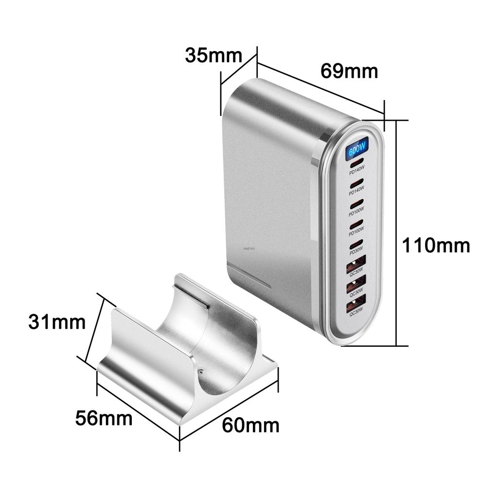 NEW 600W GaN Desktop Fast Charger LED Display 8 Ports PD Type C USB Fast Charging Station Adapter For iPhone/Samsung/Xiaomi/iPad