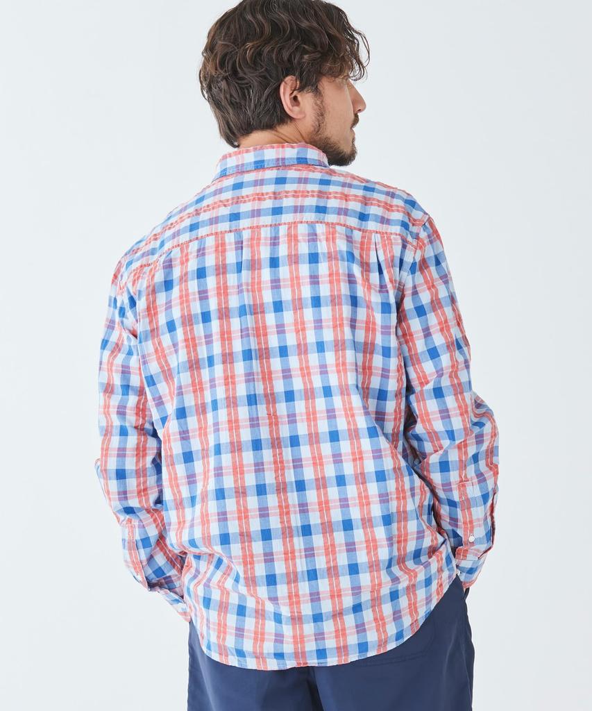 LL Bean Organic Cotton Seersucker Long Japan Pale 1000182635 Men's Shirt, Sleeve, Plaid, Fit, XL, Turquoise, Blue,