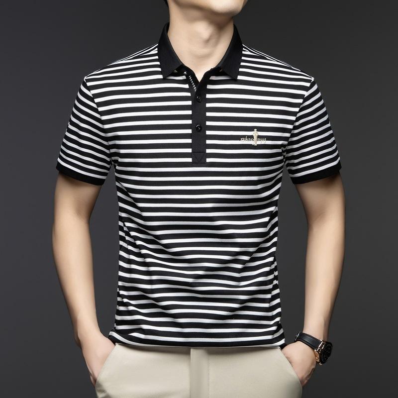 Light Casual Men'S Embroidered Lapel Striped Polo Short Sleeve Daily Breathable Top T-Shirt