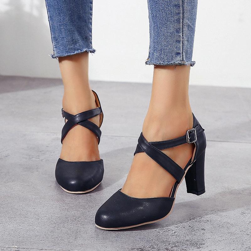 Women High Heels Shoes  Autumn New Round Toe Chunky Heel Casual Platform Women's Shoes Female Belt Buckle