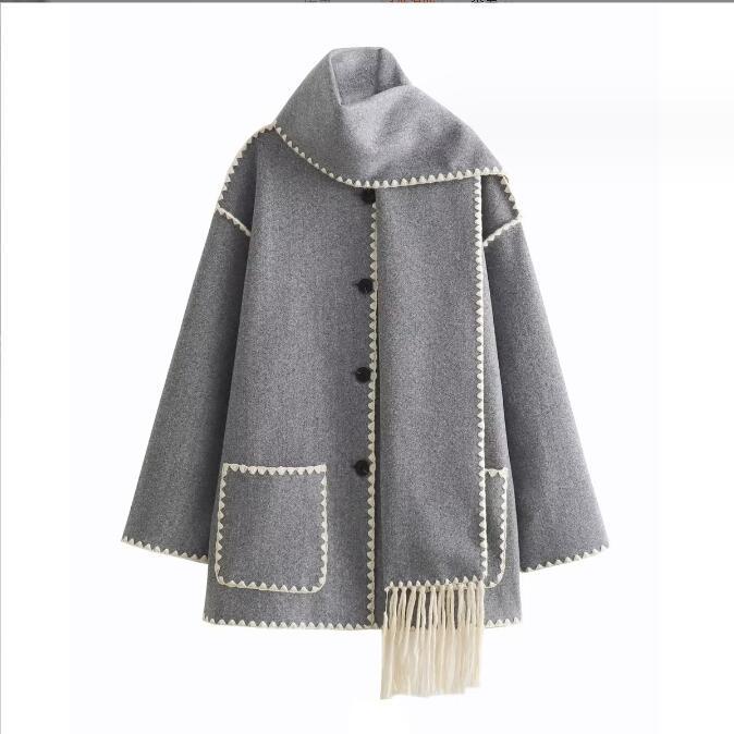 2023 Autumn/Winter Women's European and American Fashion Thick Woolen Coat with Tassel Scarf
