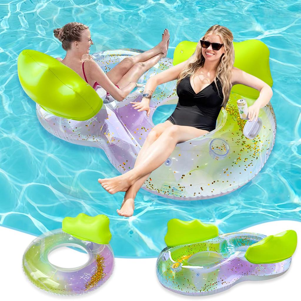 Inflatable Float Mat for Adults and Children 14+, PVC Water Hammock, Sparkly Rainbow Aurora U-Shaped and O-Shaped, Water Sofa with Drink Holder,