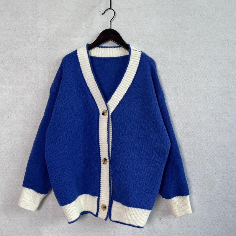 Color Blocking Cardigan V-neck Sweater Women's Loose Knitted Coat Large Size Knitwear Soft Fabric Warm Comfortable Harajuku Style Autumn Winter