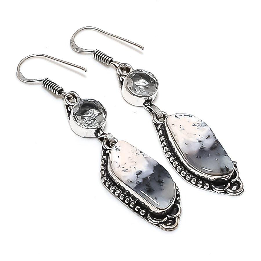Natural Dendrite Opal, Topaz 925 Sterling Silver Jewelry Earring 2.36" Y6n30