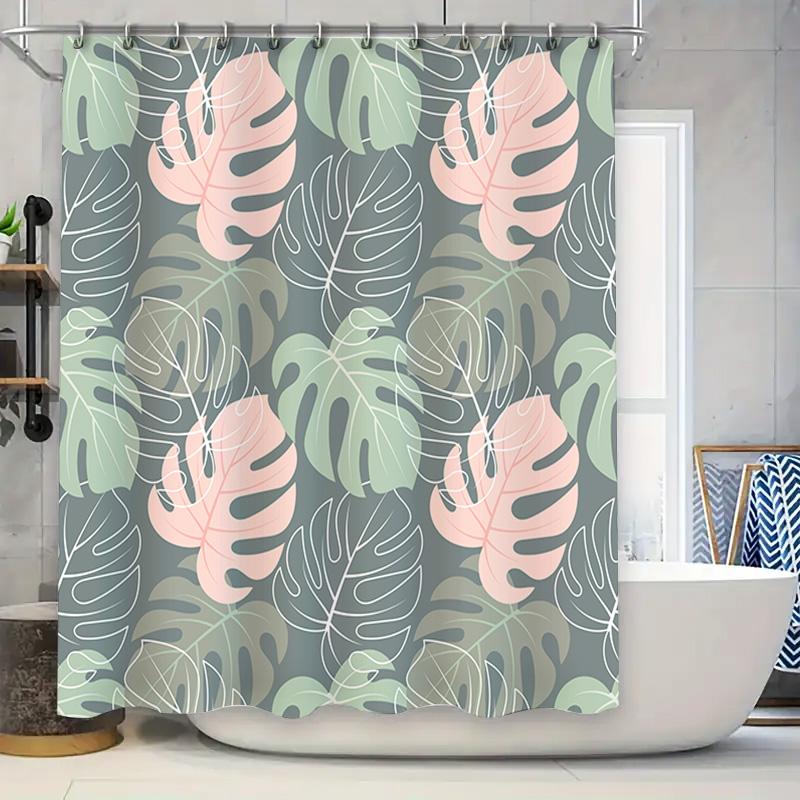 

Minimalist Modern Bathroom Decor Shower Curtain With Palm Leaves Print In Green Pink Colors Home Decor For Bathrooms Size: 72 X W60H190(CM)-1 Pcs