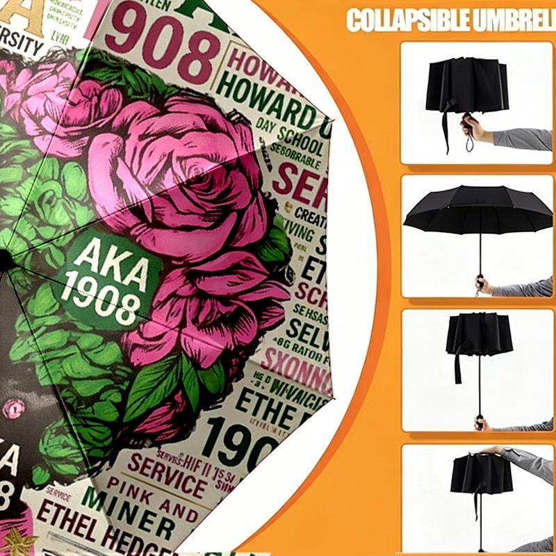 Alpha Kappa Alpha Print Umbrella Automatic Opening/ Closing - Portable Foldable Design - Daily use for Travel/Outdoor - Gift for Birthday