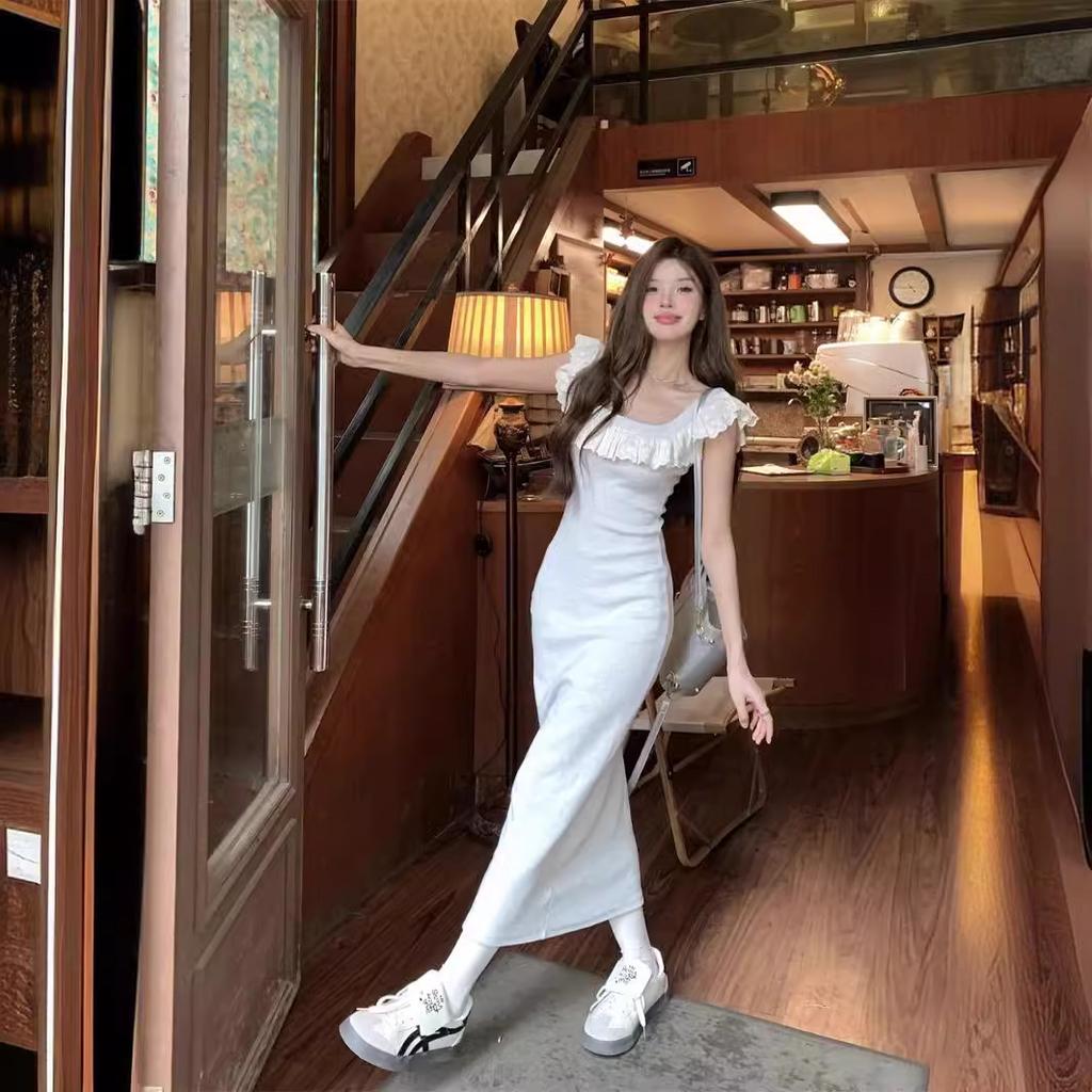 French Temperament Small Flying Sleeves Lace Splicing Knitted Dress Women's Summer Slim Waist Vest Hip Long Skirt