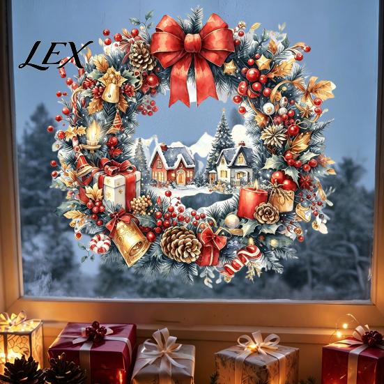 Glass Door Decor Watercolor Christmas Wreath Static Window Cling, Reusable Xmas Sticker with Red Bow Winter Stickers Snowy Decal, Holiday for