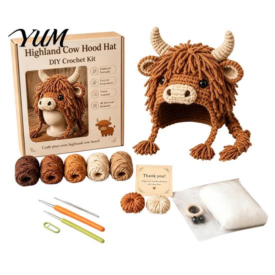 Knitting Accessories Bundle Highland Cow Hat Crochet Kit, Halloween Pumpkin Spider Hood Creative Hobby Gift for Adults DIY Handmade Craft Kit