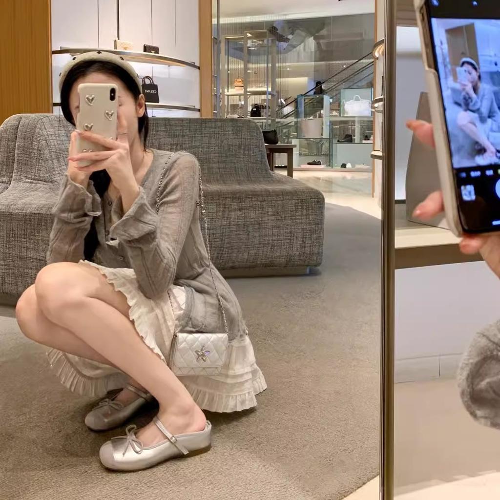 Lederversion~ Silberne Fliege Ballerinas für Damen Sommerbekleidung mit Halbschuhen und innen höhenverstärkenden Leichtmaul-Einzelschuhen