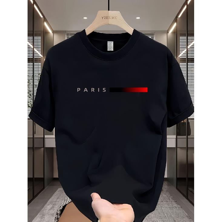 Men S Paris Graphic T-Shirt with Red & Black Stripe - Breathable Relaxed Fit Short Sleeve Crew Neck Tee, Bold PARIS Print Casual Summer Top, Travel & S чёрный