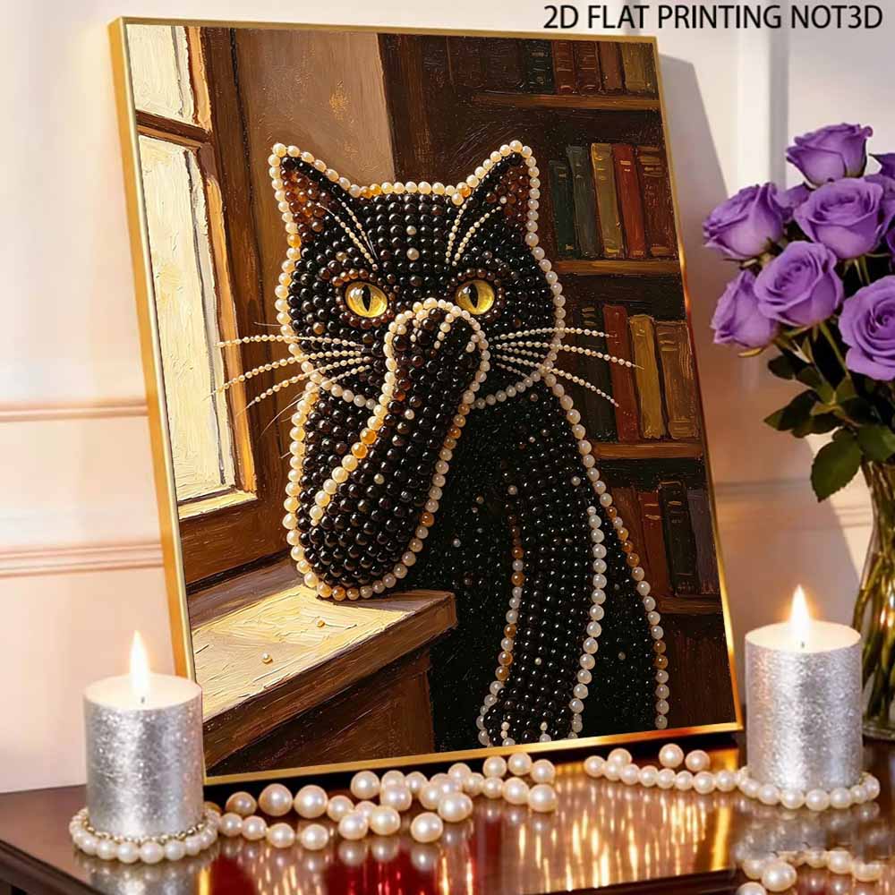 Sparkling Pearl Painting On Stretched Frame Cute Black Cat In Library DIY Bead Art Canvas Relaxing Hobby Gift for Craft Lovers