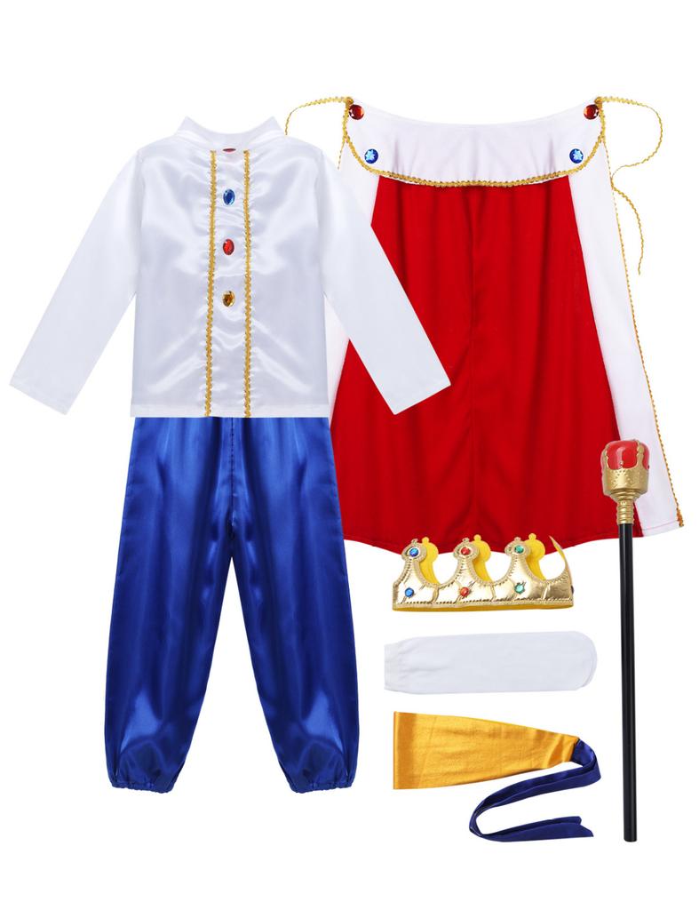 Costume Cosplay da Re Medievale per Bambini Ragazzi Outfit Top con Pantaloni Cintura Mantello Fascia Bastone Calzini Set per Halloween Travestimento