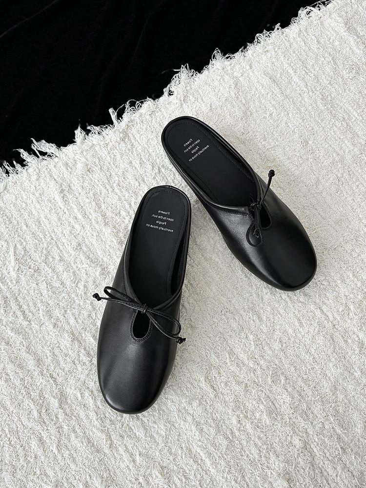 

Нишевая роскошь, первый слой коровьей кожи, круглый носок, кожаные женские туфли, лето 2025, новые, с бантом на мыске, шлепанцы женские для улицы 39 чёрный